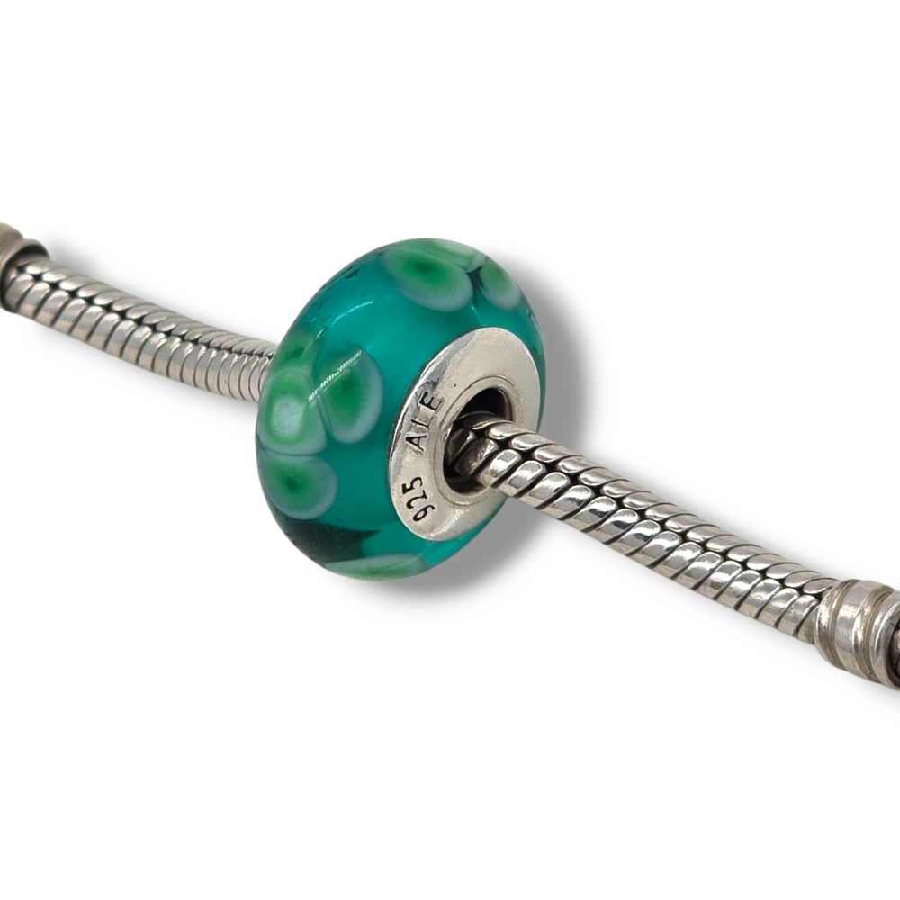 PANDORA Flowers For You Turquoise Green Murano Glass Bead Charm Retired - Picture 13 of 16